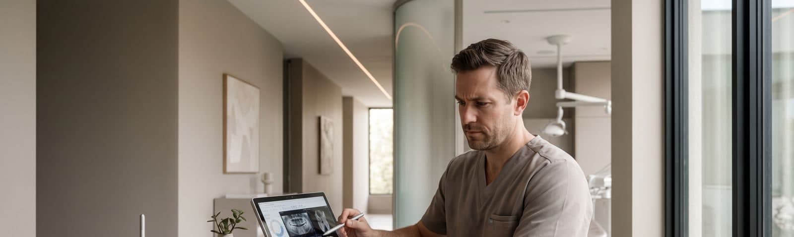 Dentista revisando um caso no tablet