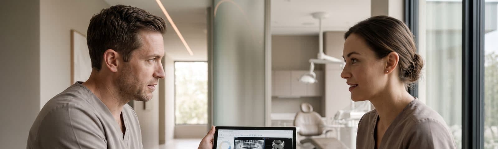 Dois dentistas discutindo um caso no tablet