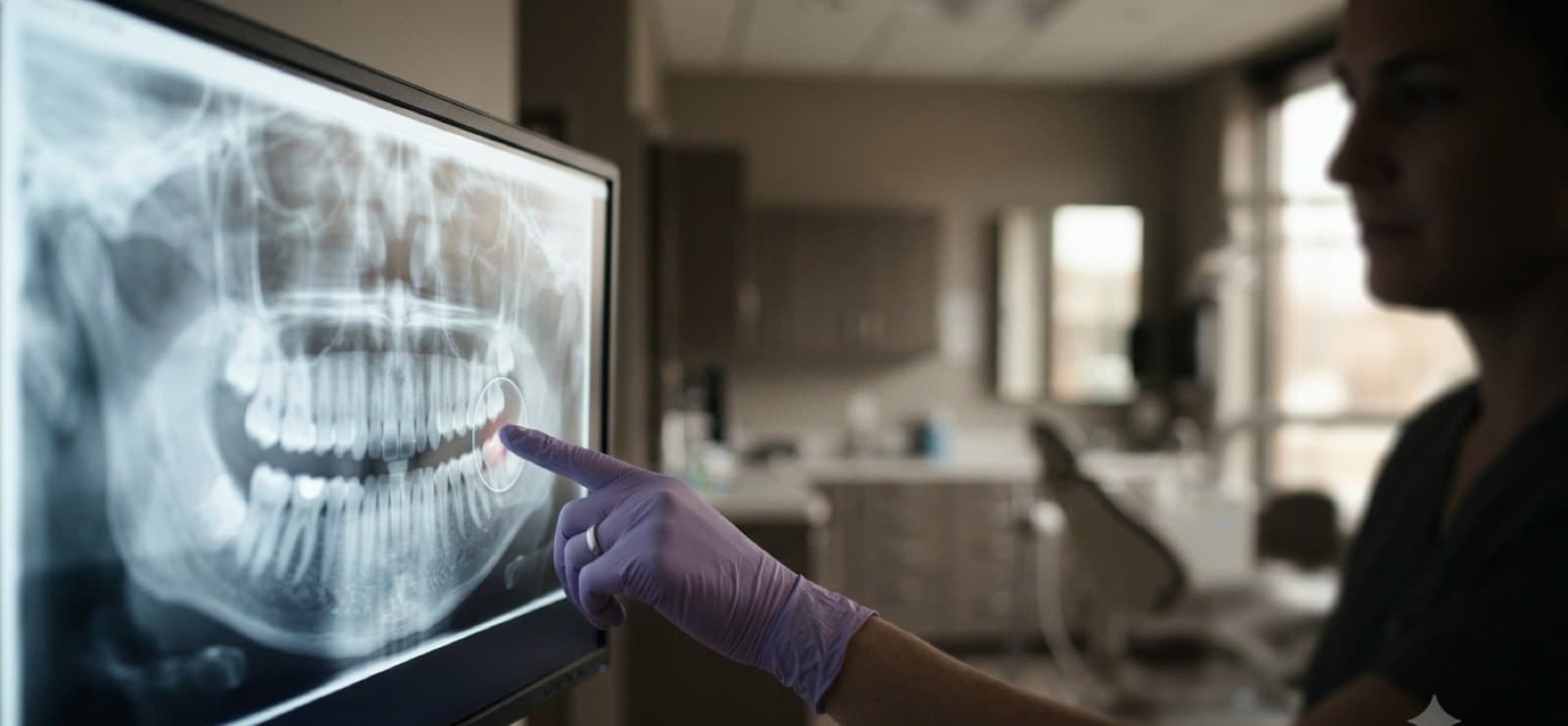 Radiografia panorâmica odontológica em uma tela, com uma região destacada